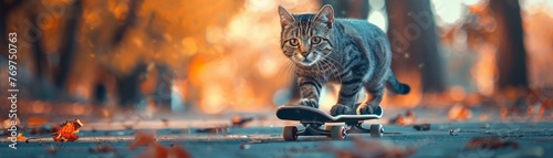 Mischievous cat on a skateboard, exploring a colorful park, under a shimmering sunlight, with a touch of depth of field bokeh effect photo