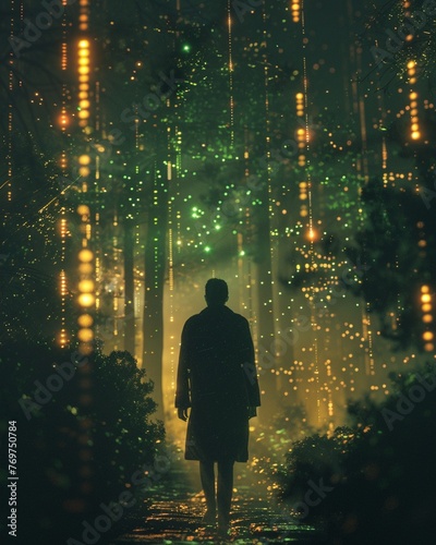 Mysterious entity, digital forest, hovering binary code birds, cosmic simulation, surreal, photography, ethereal backlighting, bokeh effect