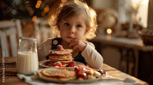 child eating cake  the child is eating a pancake  in front of him is a stack of pancakes on a plate decorated with fruits  there is a glass of milk on the table. warm light  blurred background