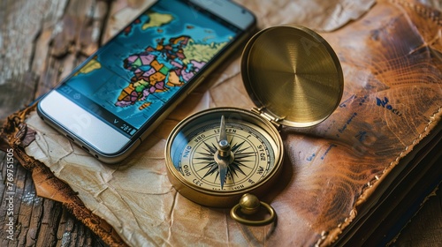 A vintage compass beside a modern GPS device, illustrating the blend of traditional wisdom and modern innovation photo