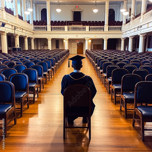 A woman in a graduation gown sits in a row of empty chairs. The chairs are blue and arranged in rows