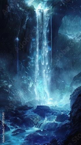 A waterfall that flows with light, illuminating the land with liquid luminescence