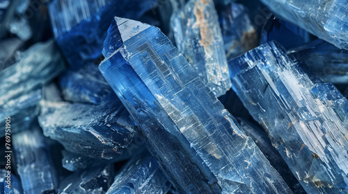 Macro photography of a focus on the longitudinal striations and color gradation of blue kyanite crystal cluster photo