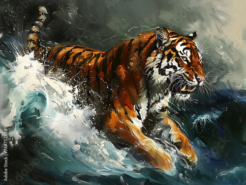 Painting tiger wallpaper shows strength and victory. © DrPhatPhaw