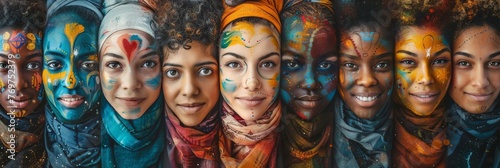 Group of women with artistic face paint and headscarves. Captures cultural art and beauty, suitable for art, fashion, and diversity themes.