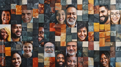 Collage of Smiling Faces from Around the World. A mosaic of joyful expressions from diverse backgrounds forming a unified portrait of humanity. Celebrates cultural diversity and global happiness. #769752388