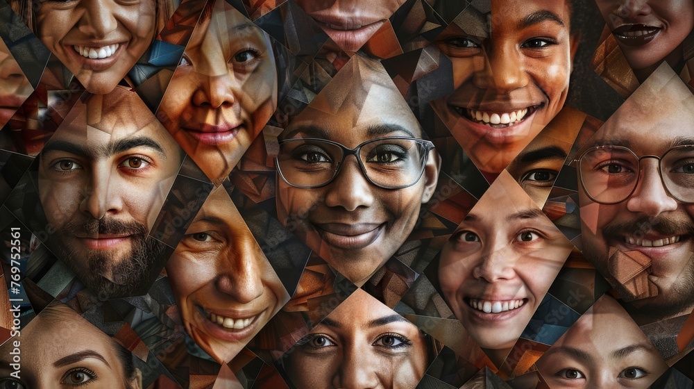 Collage of Diverse Faces with Warm Smiles. A captivating mosaic of smiling faces from various ethnic backgrounds celebrating global diversity. Suitable for diversity, unity, and happiness themes. - obrazy, fototapety, plakaty 