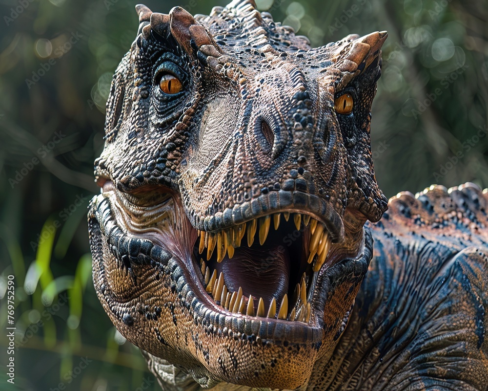 Closeup of a Giganotosaurus in corporate restructuring, showcasing its impact in organizational changes, great for business transformation - obrazy, fototapety, plakaty 