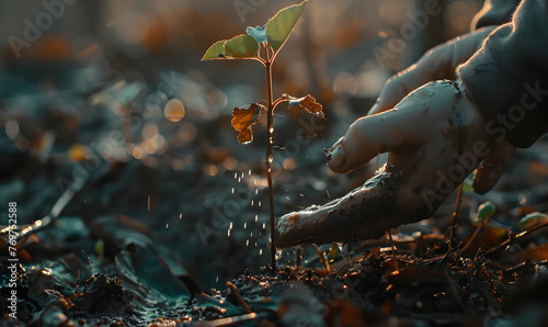 picture of hand watering the sapling of the plant