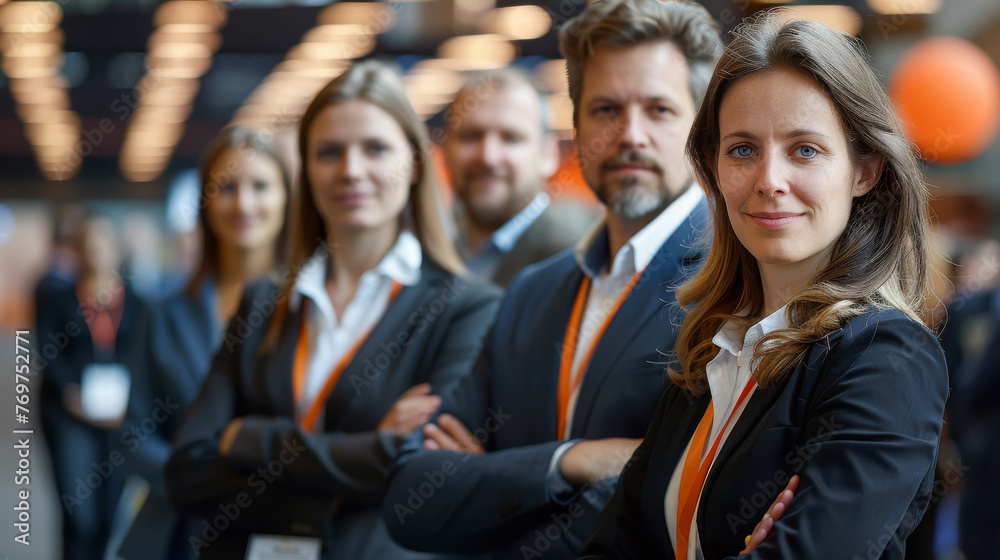Confident professionals at a business event symbolize teamwork, leadership, and networking. Suitable for corporate materials, event promotion, or professional services advertising. Confident professionals at a business event symbolize teamwork, leadership, and networking. Suitable for corporate materials, event promotion, or professional services advertising.