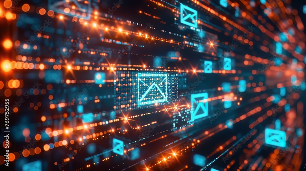 Naklejka premium Cybersecurity in data transfer, with bright email symbols safeguarding the information