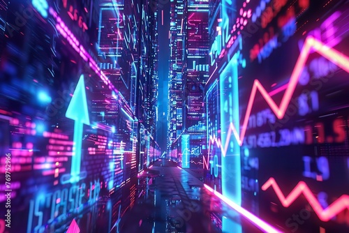 Cyberspace pulses with financial growth and decline arrows  neonlit economic activity
