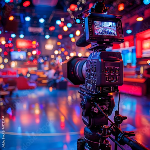 Envision a modern video camera with a digital display capturing an interview in a TV show studio. The blurred background draws focus to the camera and the recording session