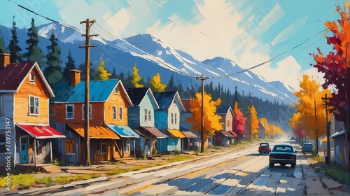 rural street town in canada theme oil pallet knife paint painting on canvas with large brush strokes modern art illustration from Generative AI