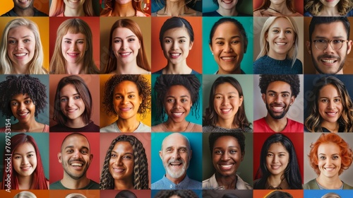Diverse group of people smiling, useful for representing community, diversity and inclusion in workplace or social settings, perfect for campaigns promoting unity and multiculturalism. photo