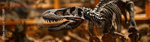 Detailed shot of a dinosaur museum exhibit, capturing the reconstructed skeletons in lifelike poses, perfect for educational displays photo