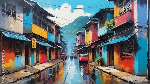 rural street town in hongkong theme oil pallet knife paint painting on canvas with large brush strokes modern art illustration from Generative AI © SevenThreeSky