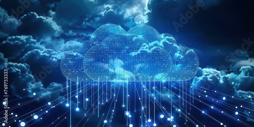 A cloud computing concept with data being stored and accessed remotely over a digital network. 