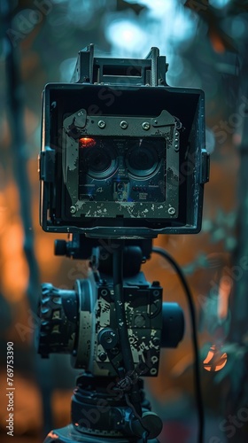 Detailed view of a night vision camera used in Bigfoot hunts, highlighting technology in the search for the elusive creature, suitable for modern myth hunting