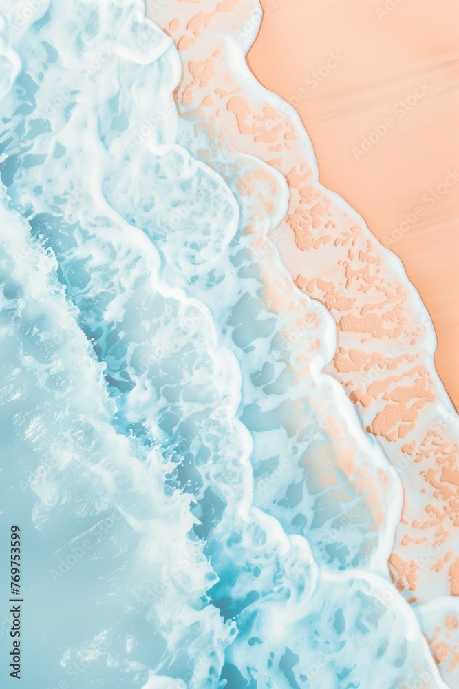 Fototapeta premium Flat lay of wavy water surface on pastel blue and peach fuzz background. Beach summer concept