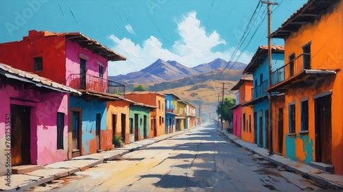 rural street town in mexico theme oil pallet knife paint painting on canvas with large brush strokes modern art illustration from Generative AI © SevenThreeSky