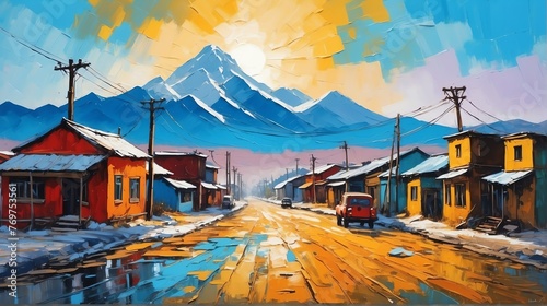 rural street town in mongolia theme oil pallet knife paint painting on canvas with large brush strokes modern art illustration from Generative AI