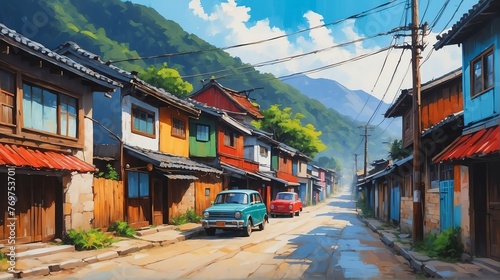 rural street town in south korea theme oil pallet knife paint painting on canvas with large brush strokes modern art illustration from Generative AI