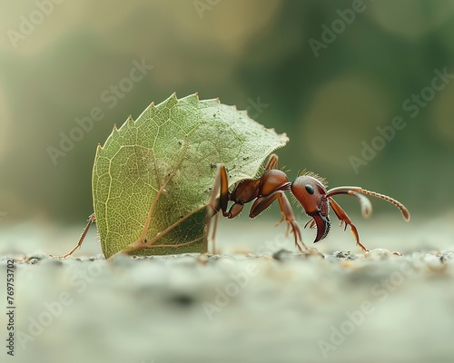 Extreme closeup of an ant carrying a leaf piece, showcasing its strength and teamwork, ideal for nature and wildlife studies © Shutter2U