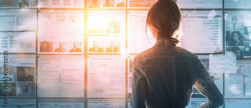 Female sleuth viewing a large investigation chart with timelines and suspect photos in a bright, organized bureau, procedural style photo