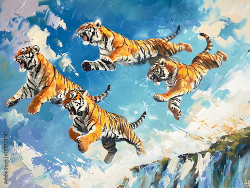 Painting tiger wallpaper shows strength and victory.