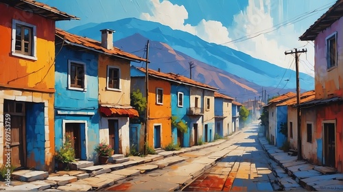 rural street town in turkey theme oil pallet knife paint painting on canvas with large brush strokes modern art illustration from Generative AI © SevenThreeSky
