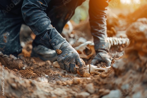 Macro view of a dinosaur fossil excavation site, highlighting the delicate process of uncovering ancient bones, ideal for archaeological studies