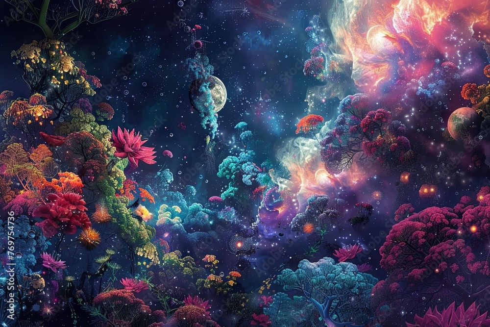 celestial garden in the depths of space, where colorful nebulae bloom like flowers and planets hang like ripe fruit from celestial vines - obrazy, fototapety, plakaty 