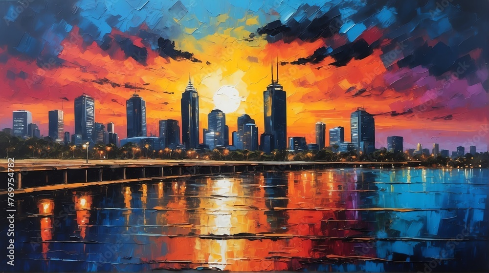 Fototapeta premium Sunset in melbourne australia theme oil pallet knife paint painting on canvas with large brush strokes modern art illustration abstract from Generative AI