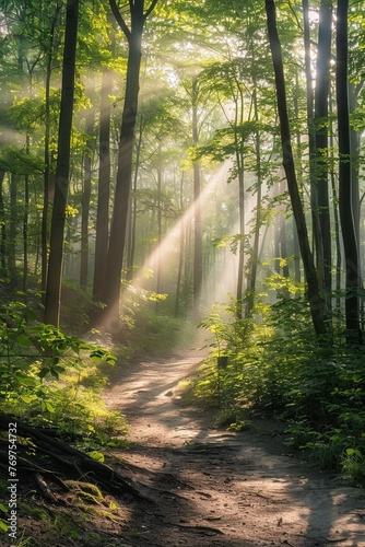 Morning rays streak across a woodland trail, inviting a quiet wander amidst the trees