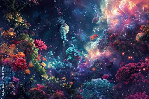 celestial garden in the depths of space, where colorful nebulae bloom like flowers and planets hang like ripe fruit from celestial vines #769754736