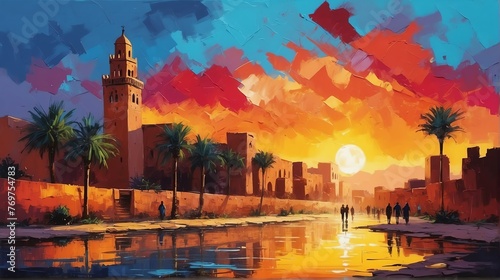 Sunset in marrakech morocco theme oil pallet knife paint painting on canvas with large brush strokes modern art illustration abstract from Generative AI photo