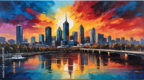 Sunset in melbourne australia theme oil pallet knife paint painting on canvas with large brush strokes modern art illustration abstract from Generative AI