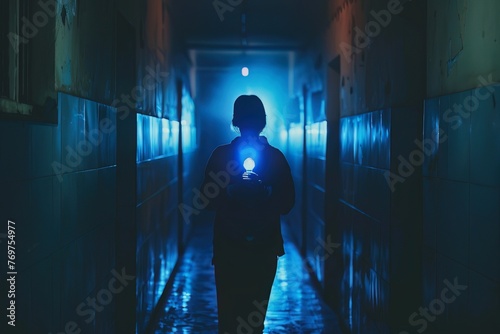 Silhouette of a person in a dimly lit corridor, holding a mysterious glowing object, tension in the air