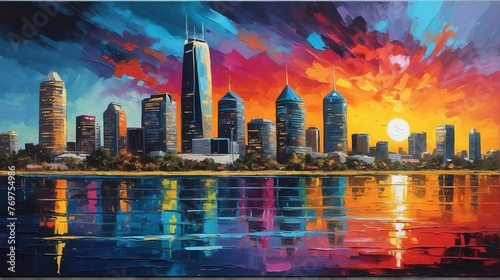 sunset in perth australia theme oil pallet knife paint painting on canvas with large brush strokes modern art illustration abstract from Generative AI © SevenThreeSky