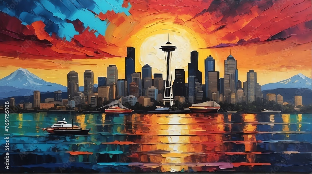 Sunset in seattle united states theme oil pallet knife paint painting on canvas with large brush strokes modern art illustration abstract from Generative AI - obrazy, fototapety, plakaty 