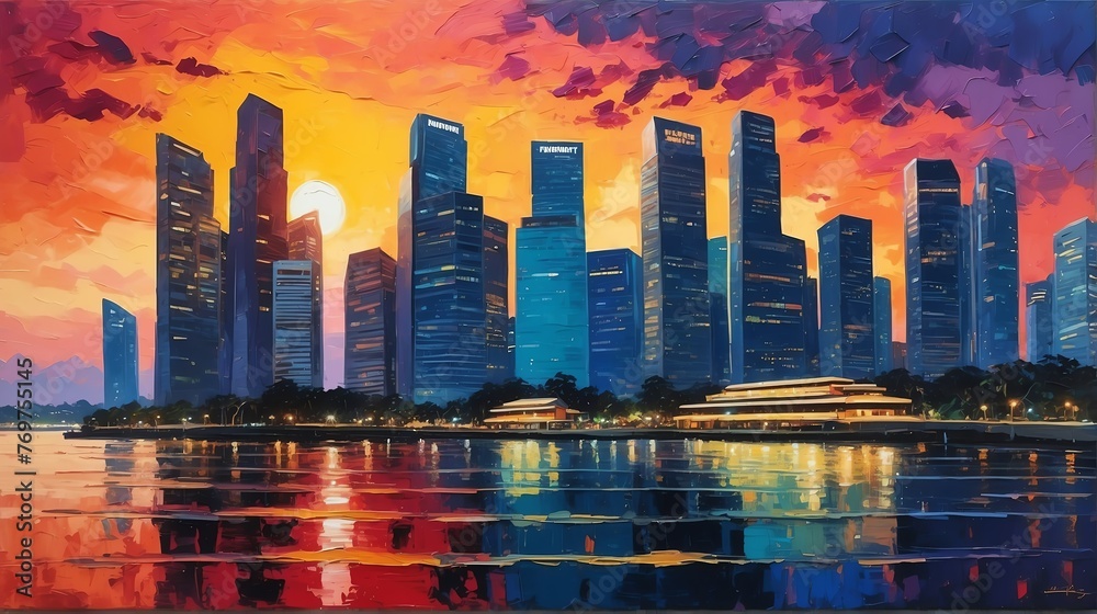 sunset in Singapore theme oil pallet knife paint painting on canvas with large brush strokes modern art illustration abstract from Generative AI - obrazy, fototapety, plakaty 