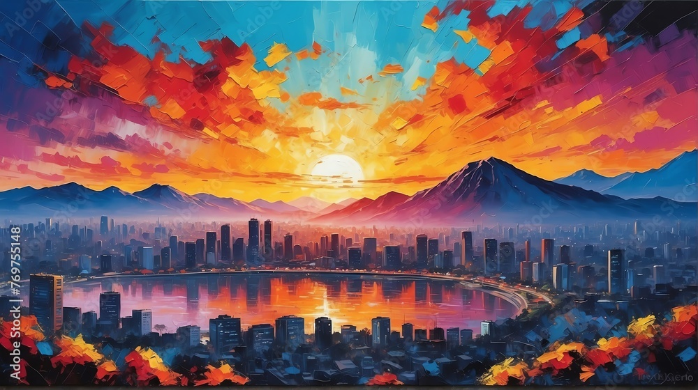 sunset in Seoul South Korea theme oil pallet knife paint painting on canvas with large brush strokes modern art illustration from Generative AI - obrazy, fototapety, plakaty 