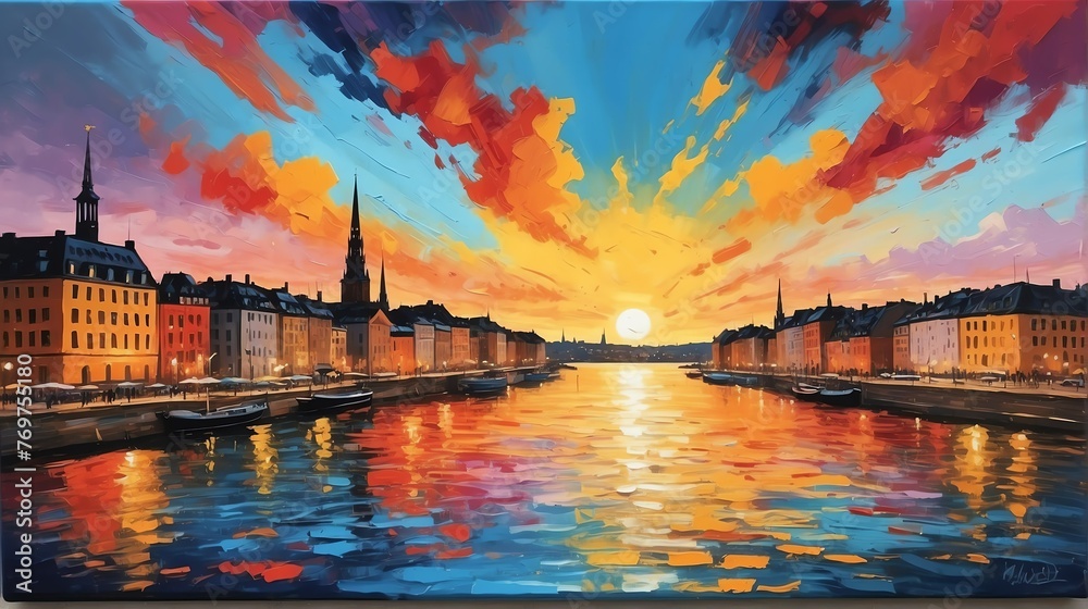 Sunset in stockholm sweden theme oil pallet knife paint painting on canvas with large brush strokes modern art illustration abstract from Generative AI - obrazy, fototapety, plakaty 