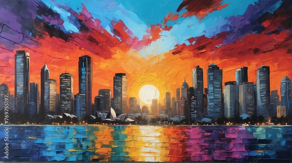 sunset in Sydney Australia theme oil pallet knife paint painting on canvas with large brush strokes modern art illustration from Generative AI - obrazy, fototapety, plakaty 