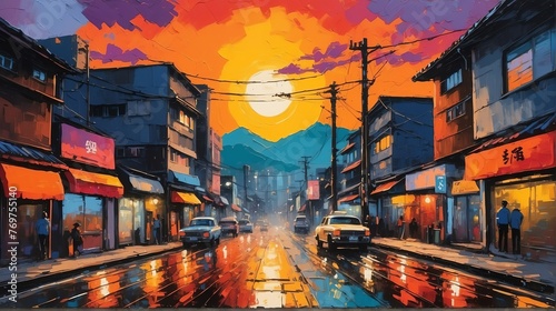 sunset in Seoul South Korea theme oil pallet knife paint painting on canvas with large brush strokes modern art illustration from Generative AI