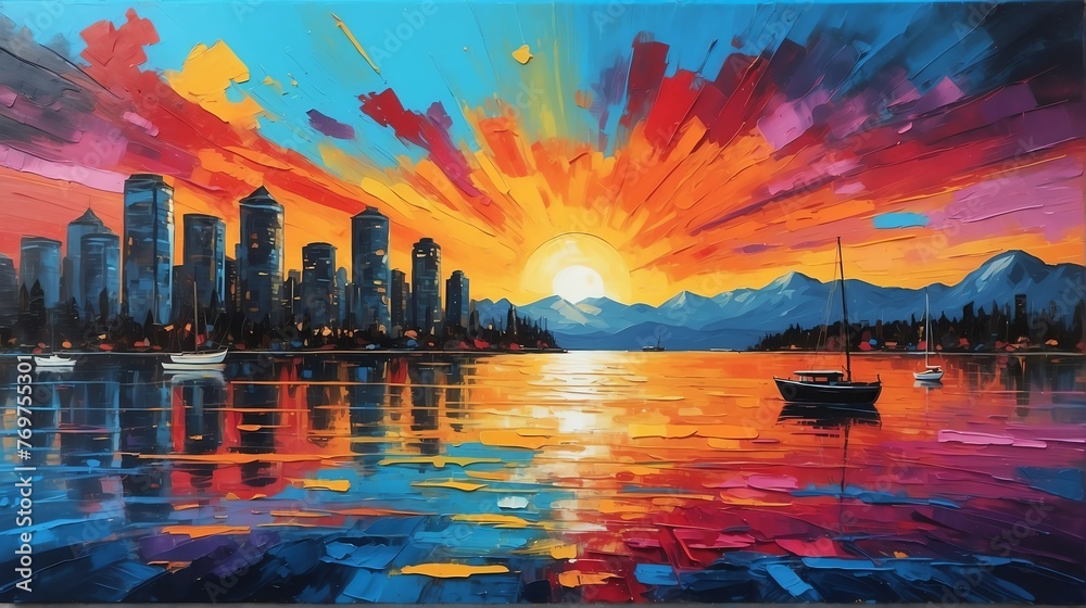 Sunset in vancouver canada theme oil pallet knife paint painting on canvas with large brush strokes modern art illustration abstract from Generative AI - obrazy, fototapety, plakaty 