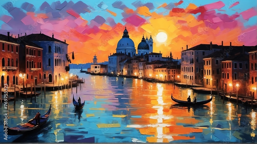 sunset in Venice Italy theme oil pallet knife paint painting on canvas with large brush strokes modern art illustration abstract from Generative AI - obrazy, fototapety, plakaty 