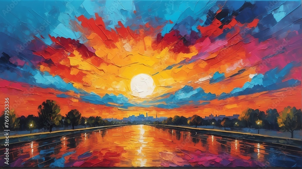 sunset in Vienna Austria theme oil pallet knife paint painting on canvas with large brush strokes modern art illustration from Generative AI - obrazy, fototapety, plakaty 