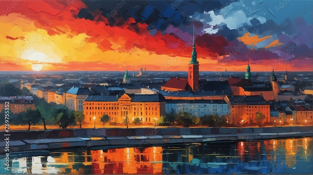 Sunset in warsaw poland theme oil pallet knife paint painting on canvas with large brush strokes modern art illustration abstract from Generative AI - obrazy, fototapety, plakaty 